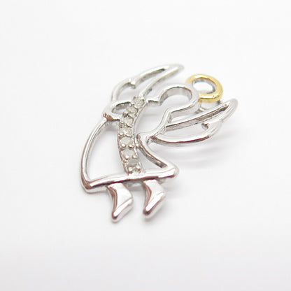 925 Sterling Silver 2-Tone Real Diamond Angel Slide Pendant