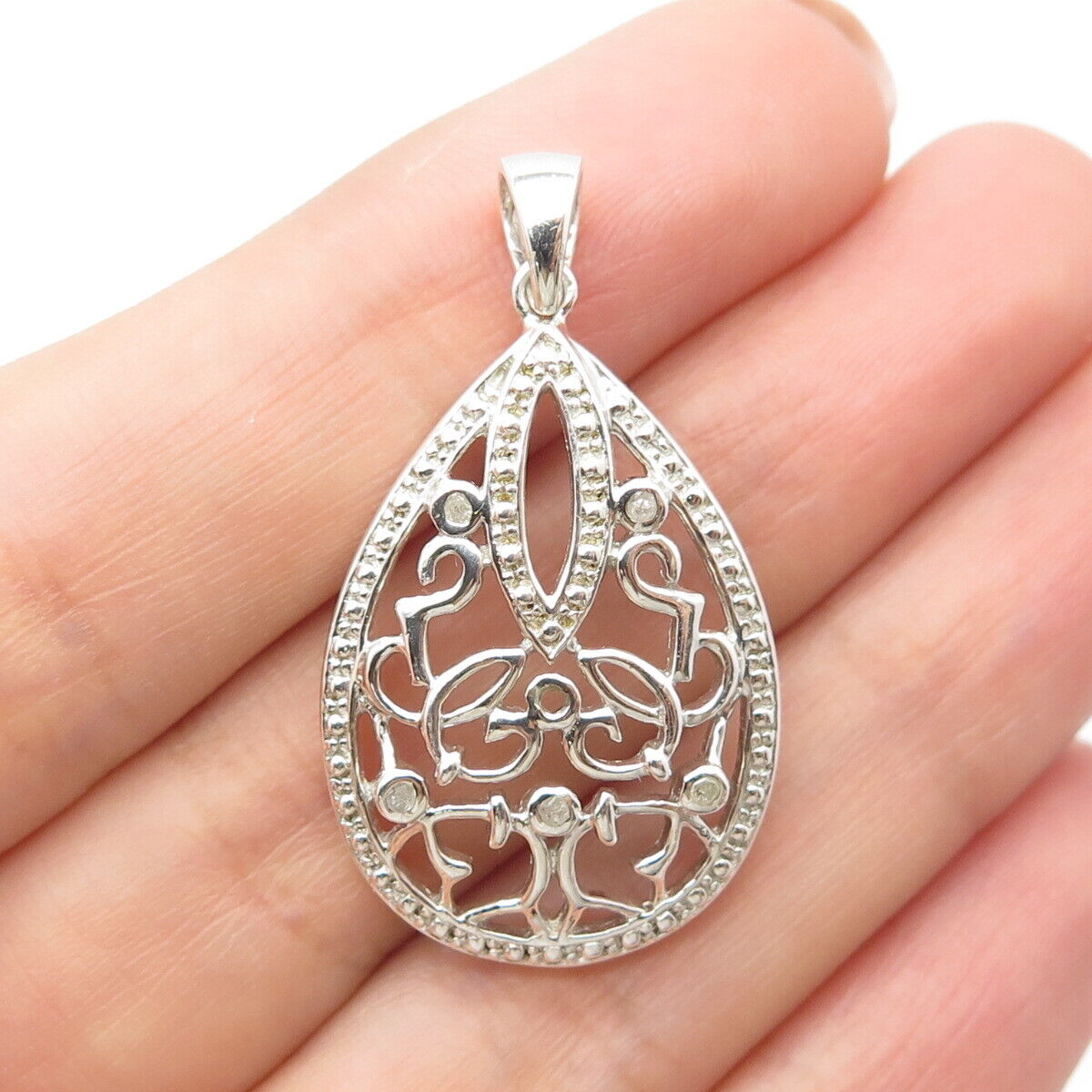 925 Sterling Silver Real White Diamond Ornate Pendant