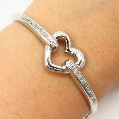 925 Sterling Silver Real Diamond Open Heart Design Bangle Bracelet 7"