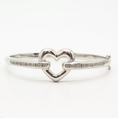 925 Sterling Silver Real Diamond Open Heart Design Bangle Bracelet 7"