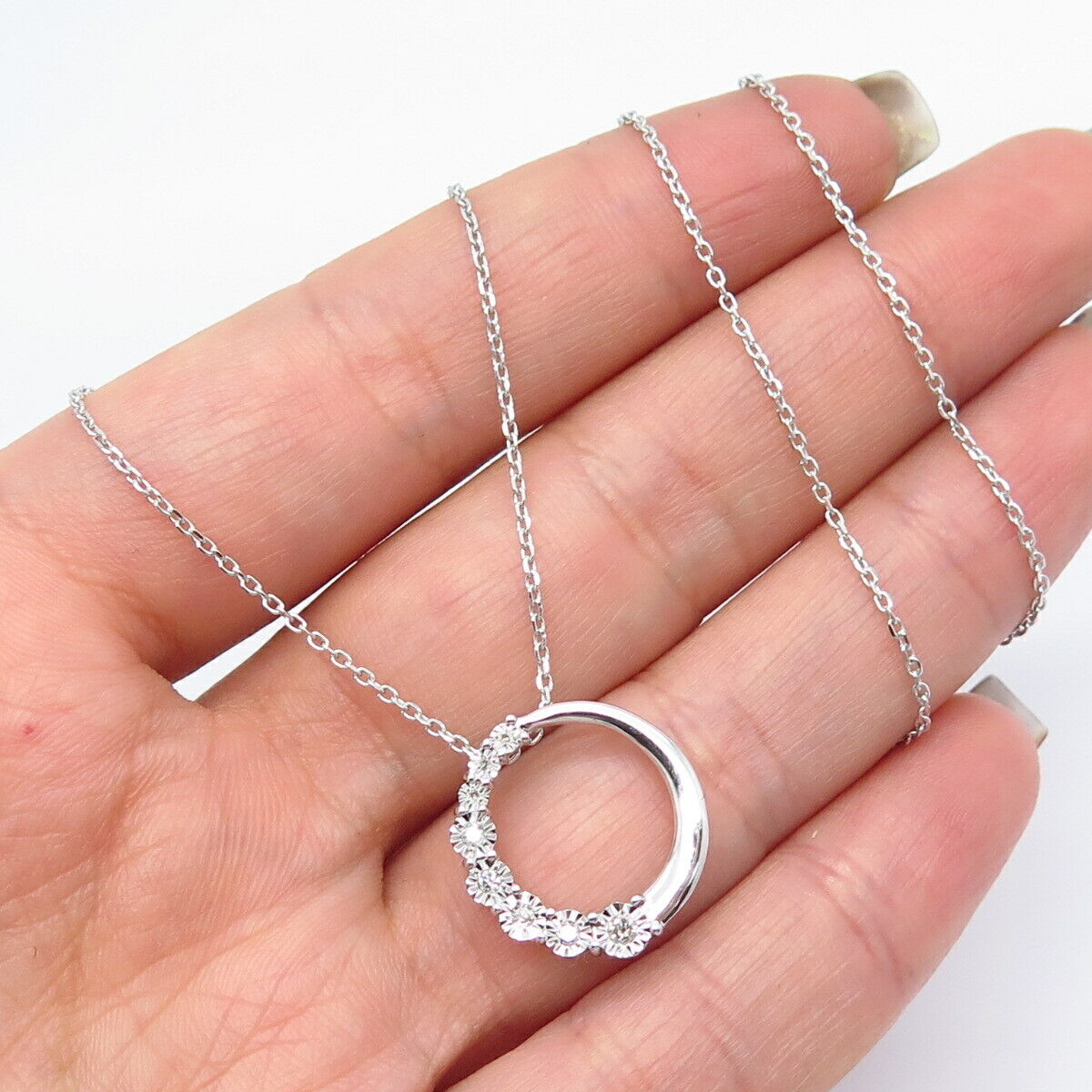 925 Sterling Silver Italy Real White Diamond Rolo Chain Necklace 18"