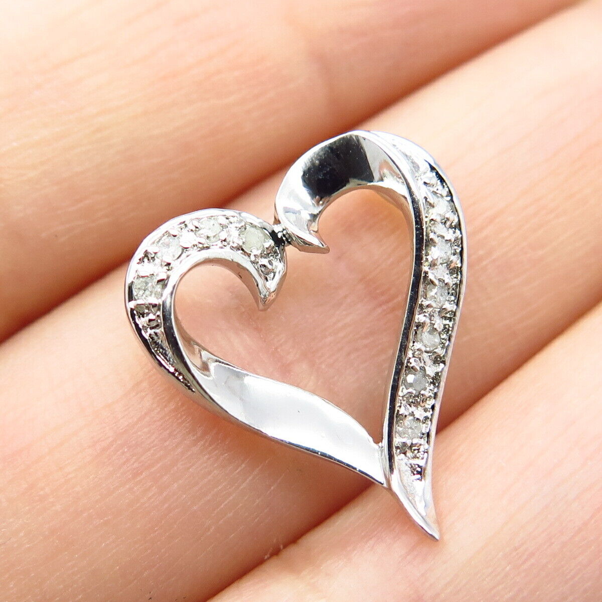 925 Sterling Silver Real Diamond Open Heart Slide Pendant