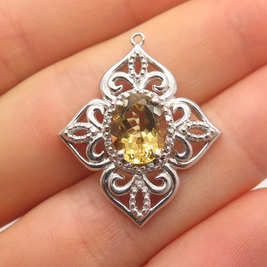 925 Sterling Silver Sai Krishna Real Diamond Accent & Citrine Gem Ornate Pendant