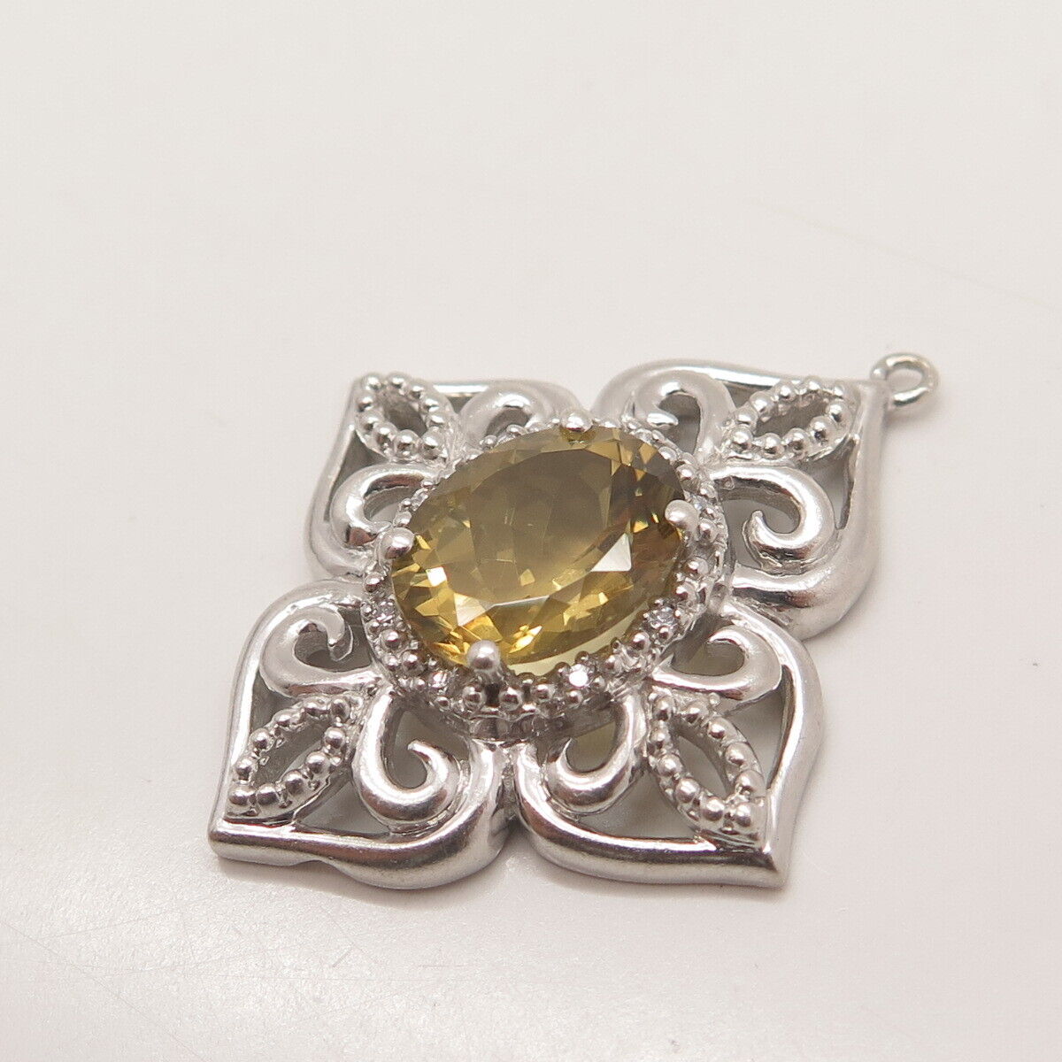 925 Sterling Silver Sai Krishna Real Diamond Accent & Citrine Gem Ornate Pendant