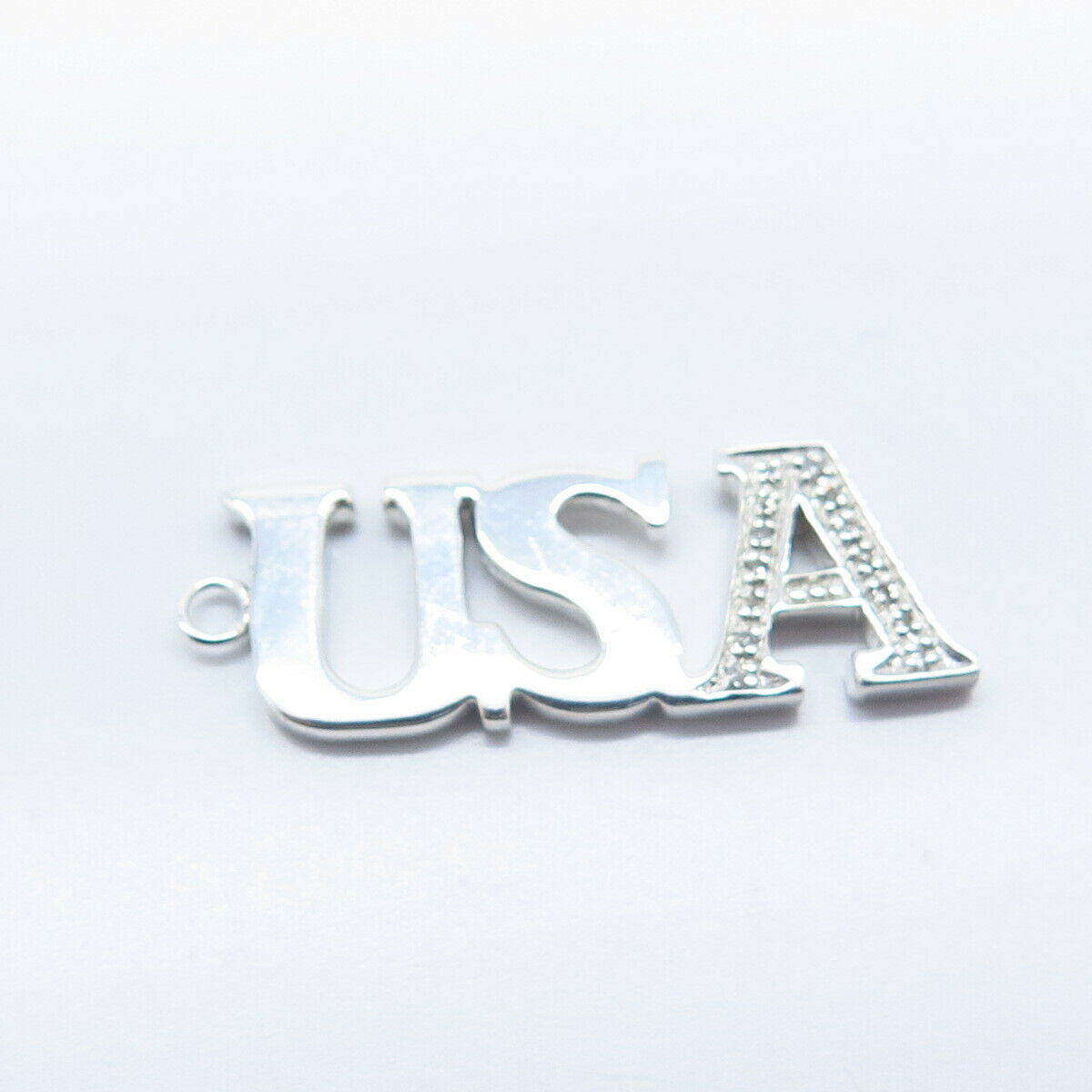 925 Sterling Silver Real White Diamond "USA" Charm Pendant