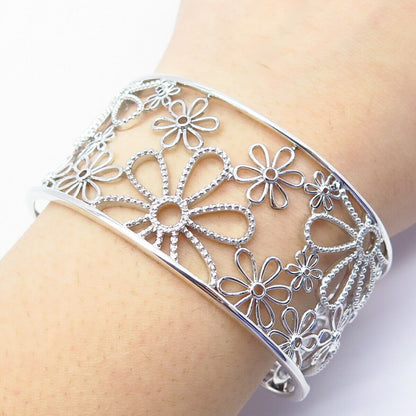 925 Sterling Silver Real White Diamond Ornate Floral Wide Cuff Bracelet 6.75"