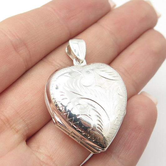 925 Sterling Silver Vintage Thailand Etched Heart Locket Pendant