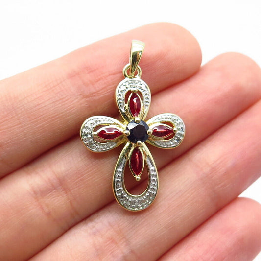 925 Sterling Silver Gold Plated Enamel Diamond Accent & Sapphire Gem Pendant