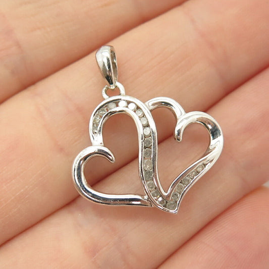 925 Sterling Silver Real Diamond Double Open Hearts Pendant