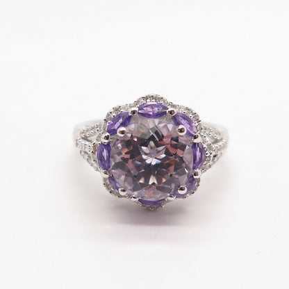 925 Sterling Silver Real Diamond & Amethyst Gem Ring Size 9