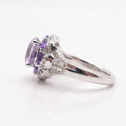 925 Sterling Silver Real Diamond & Amethyst Gem Ring Size 9