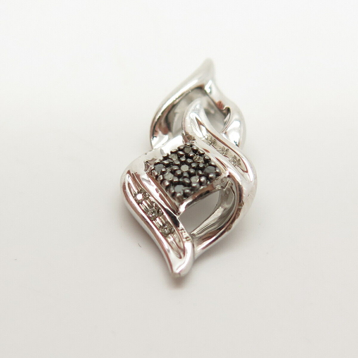 925 Sterling Silver Real White & Black Diamond Swirl Slide Pendant