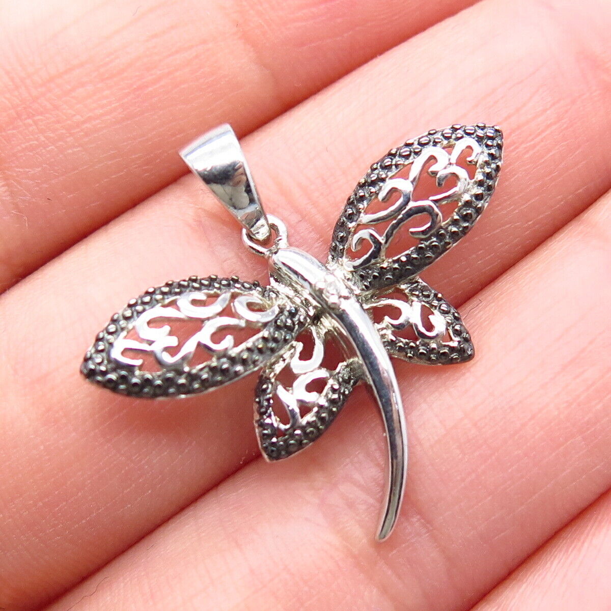 925 Sterling Silver HAN Real Diamond Accent Dragonfly Ornate Pendant