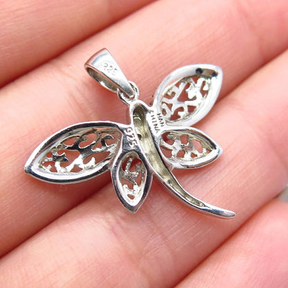 925 Sterling Silver HAN Real Diamond Accent Dragonfly Ornate Pendant