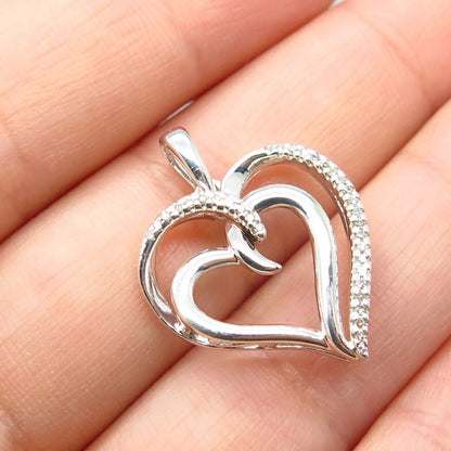 925 Sterling Silver SUN Real White Diamond Double Open Heart Pendant