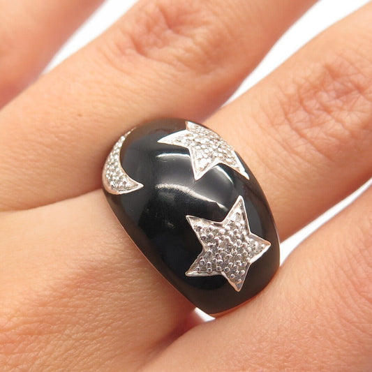 925 Sterling Silver Jane Seymour Real Diamond & Black Onyx Gem Ring Size 7.25