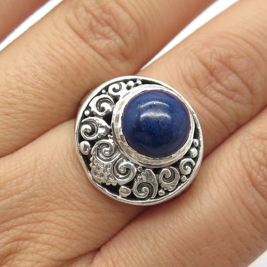 925 Sterling Silver Vintage Havana Real Lapis Lazuli Scroll Ring Size 7.25