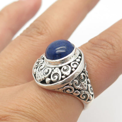 925 Sterling Silver Vintage Havana Real Lapis Lazuli Scroll Ring Size 7.25