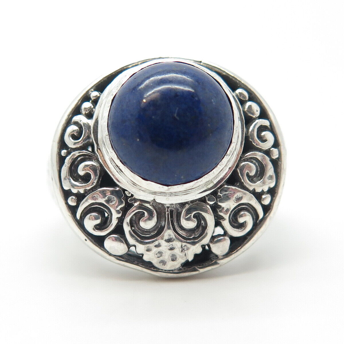 925 Sterling Silver Vintage Havana Real Lapis Lazuli Scroll Ring Size 7.25