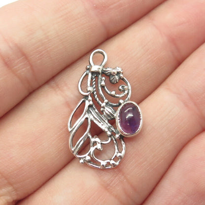 925 Sterling Silver Vintage Real Amethyst Gem Floral Pendant