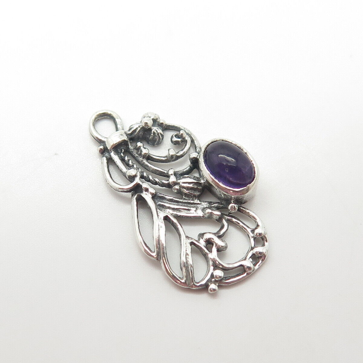 925 Sterling Silver Vintage Real Amethyst Gem Floral Pendant