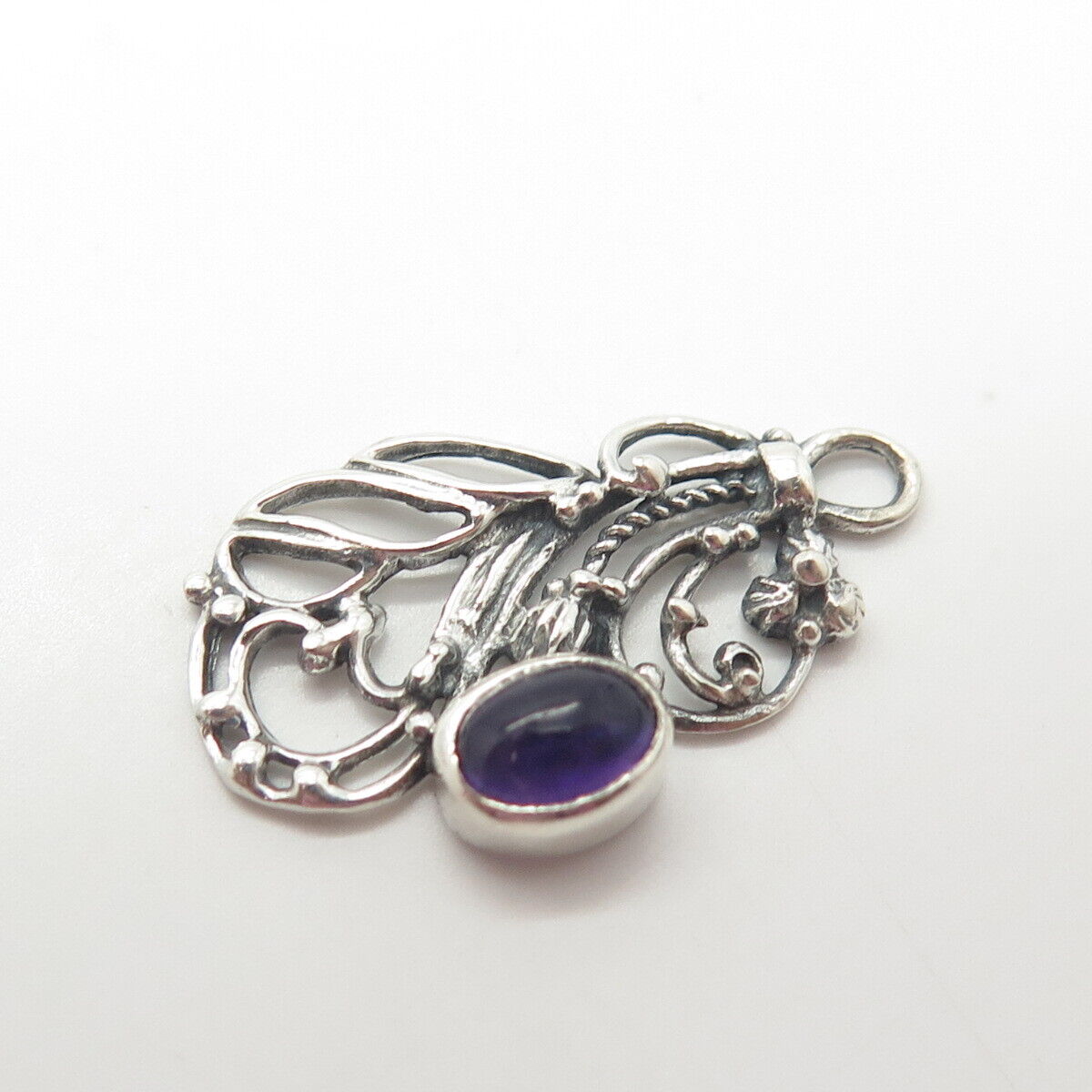 925 Sterling Silver Vintage Real Amethyst Gem Floral Pendant