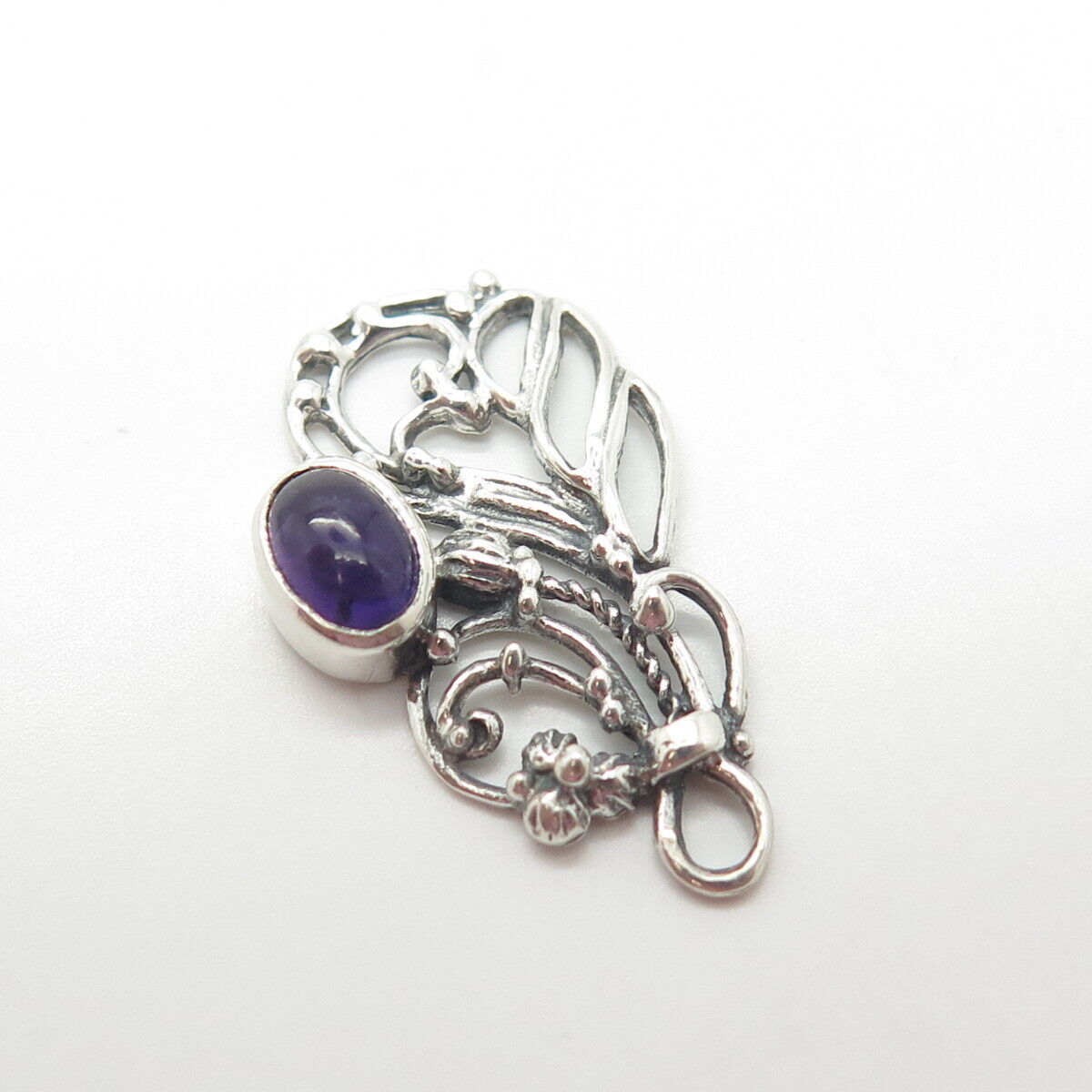 925 Sterling Silver Vintage Real Amethyst Gem Floral Pendant