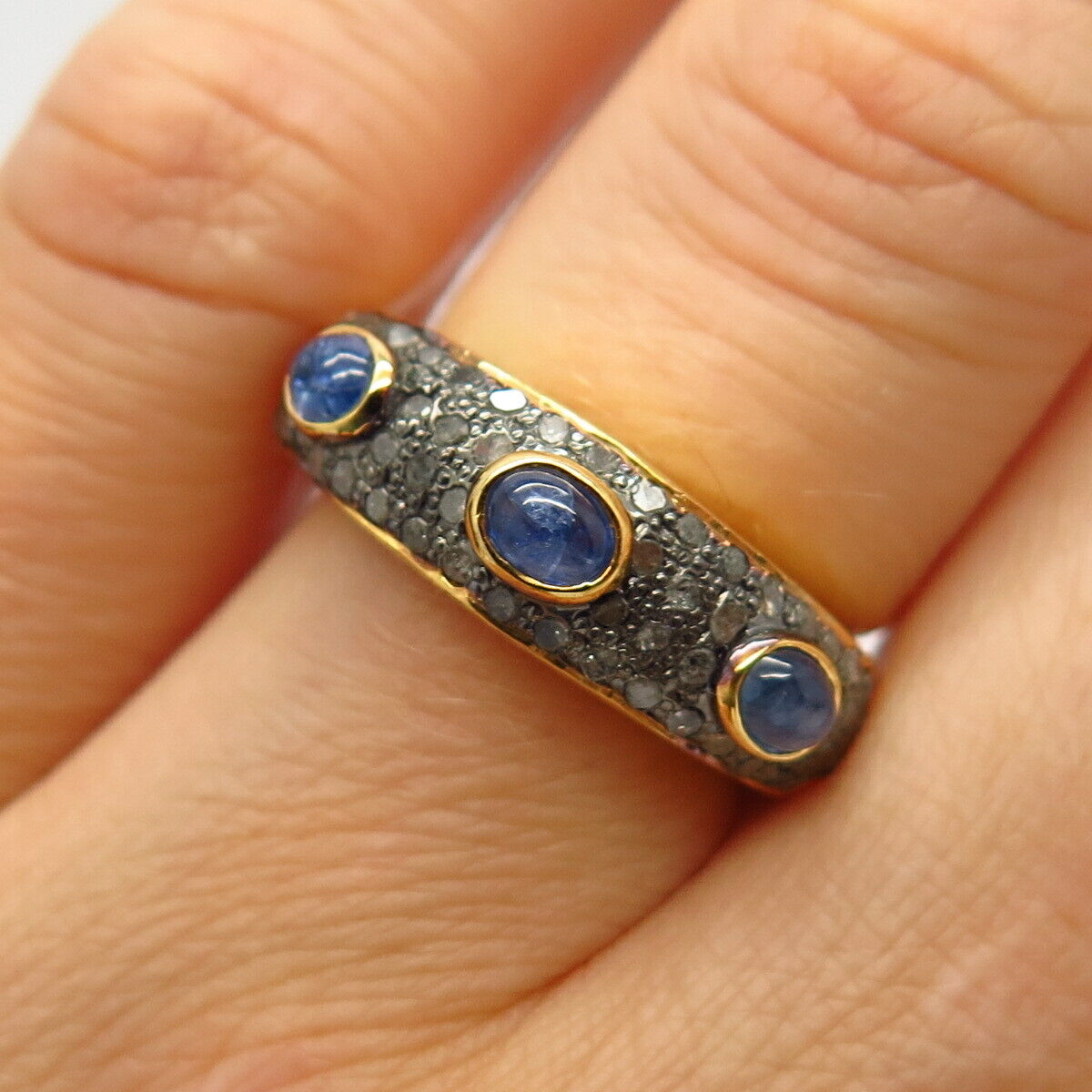 925 Sterling Silver Gold Plated Real Diamond & Sapphire Gem Ring