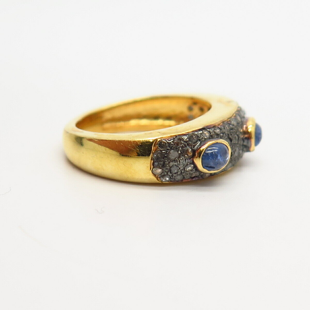 925 Sterling Silver Gold Plated Real Diamond & Sapphire Gem Ring