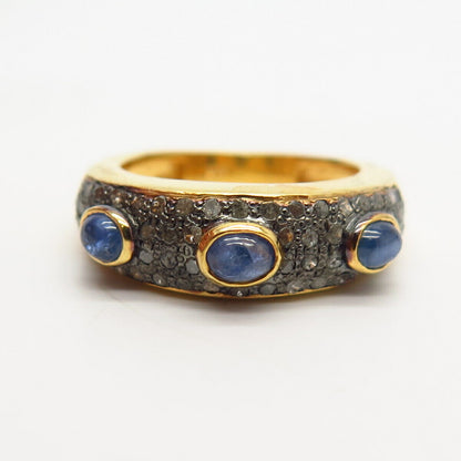 925 Sterling Silver Gold Plated Real Diamond & Sapphire Gem Ring