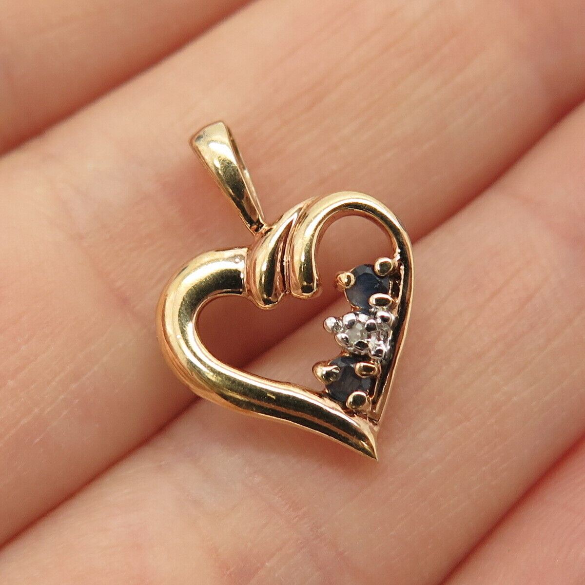 925 Sterling Silver Gold Plated Real Diamond Accent & Sapphire Gem Heart Pendant