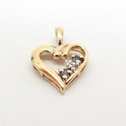 925 Sterling Silver Gold Plated Real Diamond Accent & Sapphire Gem Heart Pendant