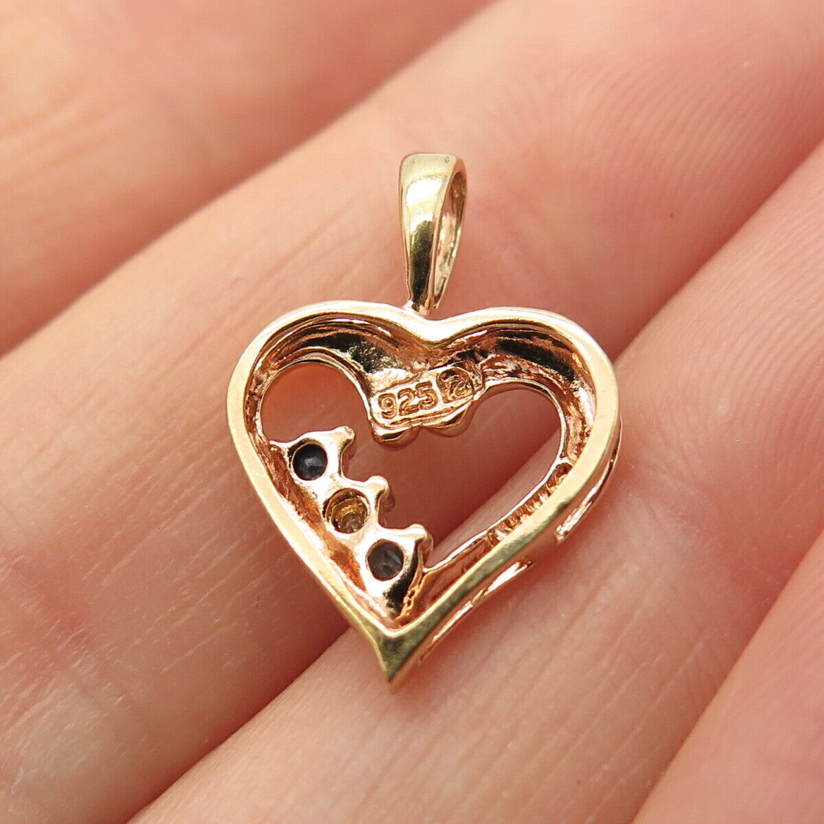 925 Sterling Silver Gold Plated Real Diamond Accent & Sapphire Gem Heart Pendant