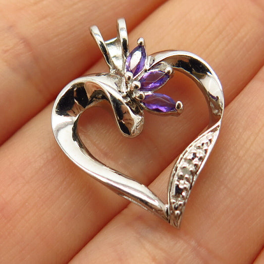 925 Sterling Silver Real Diamond & Amethyst Gem Open Heart Design Pendant