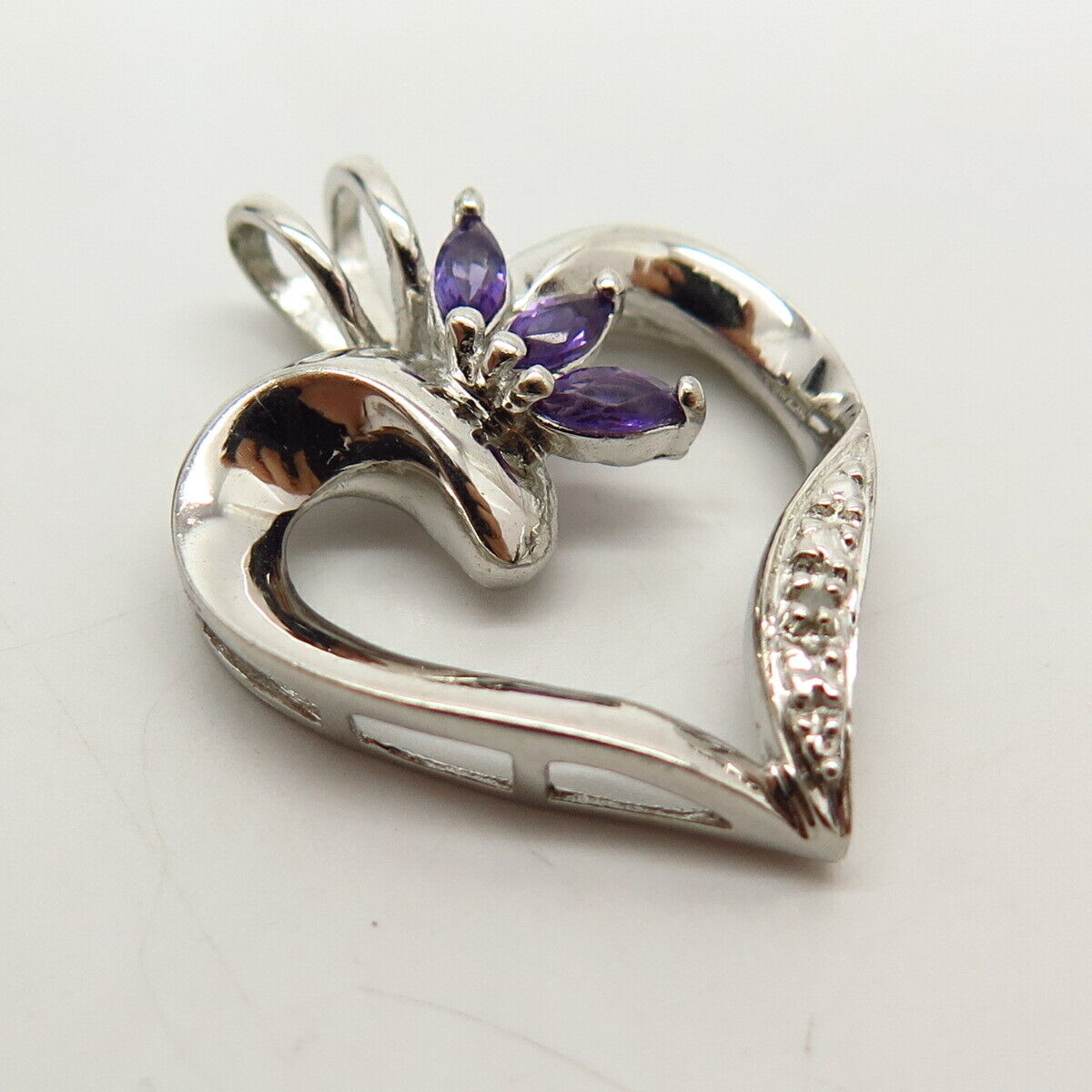 925 Sterling Silver Real Diamond & Amethyst Gem Open Heart Design Pendant