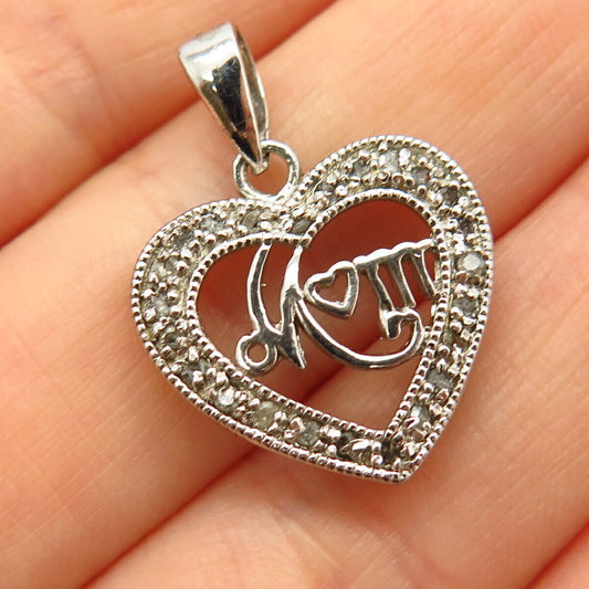 925 Sterling Silver Real Diamond "Mom" Open Heart Design Pendant