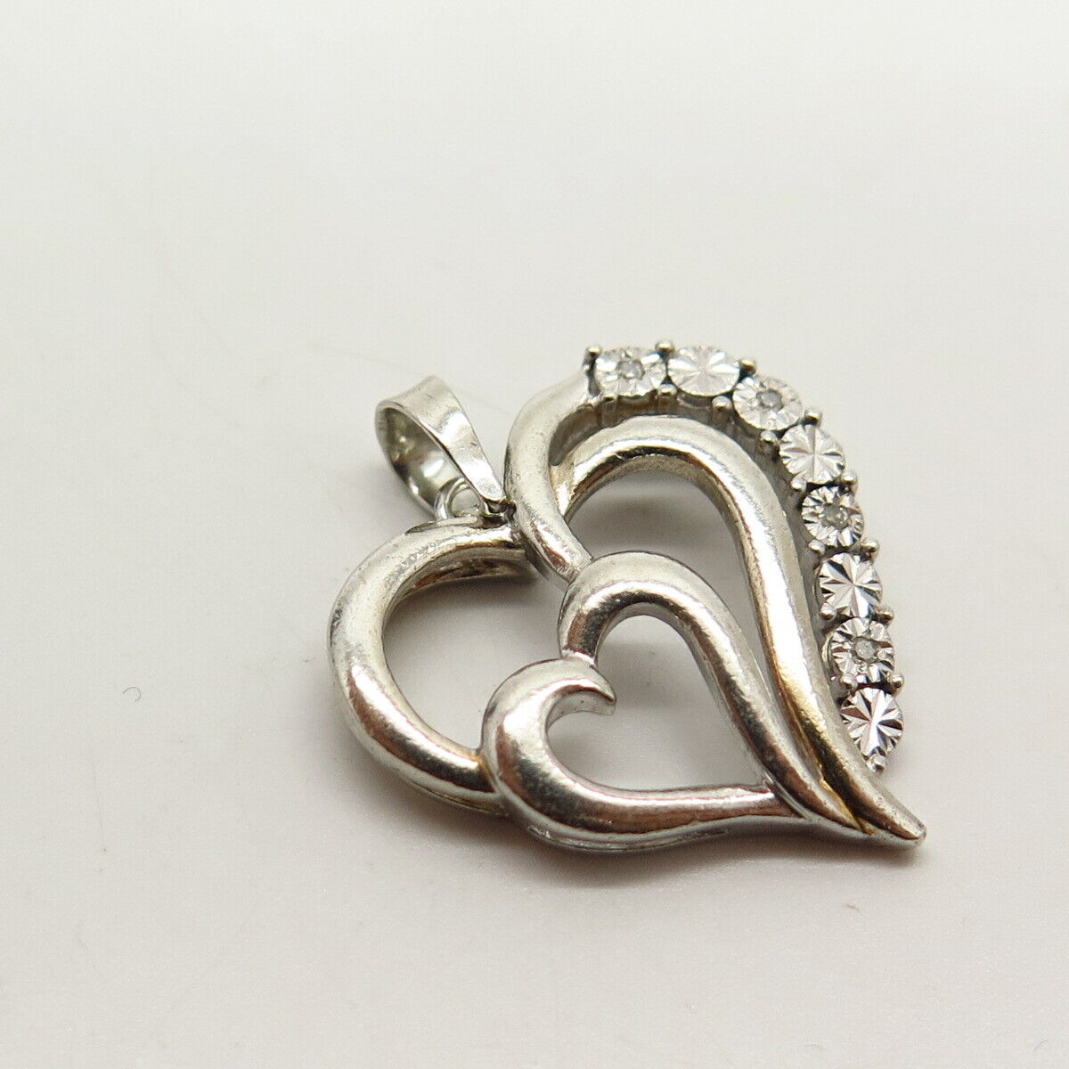 925 Sterling Silver Real Diamond Double Heart Pendant