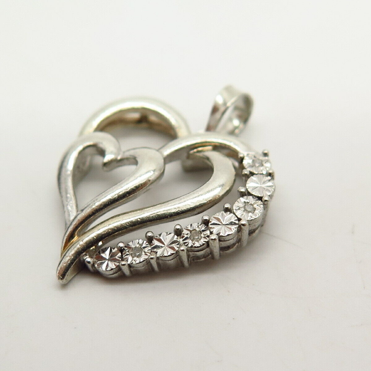 925 Sterling Silver Real Diamond Double Heart Pendant