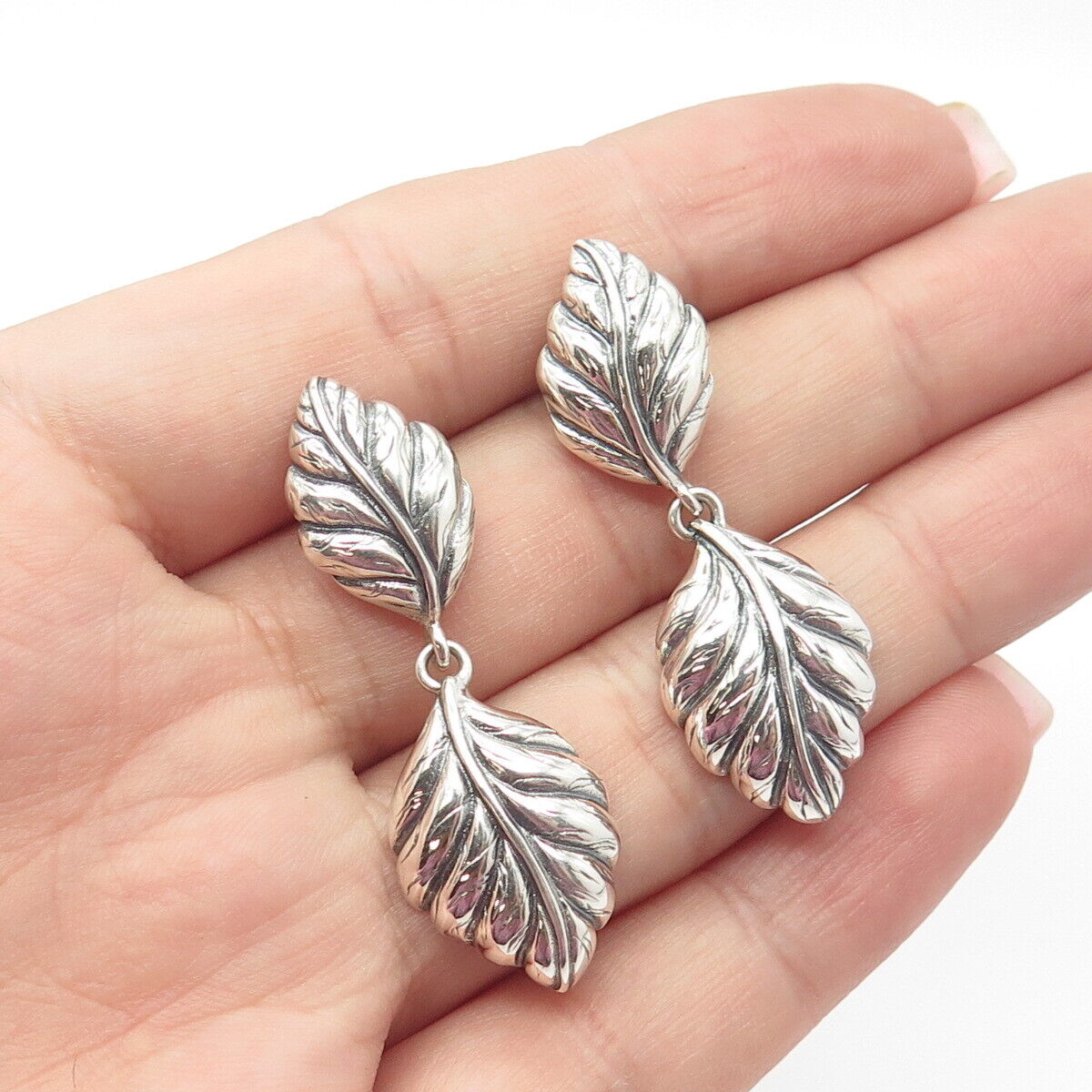 925 Sterling Silver Vintage Floral Leaf Dangling Drop Earrings