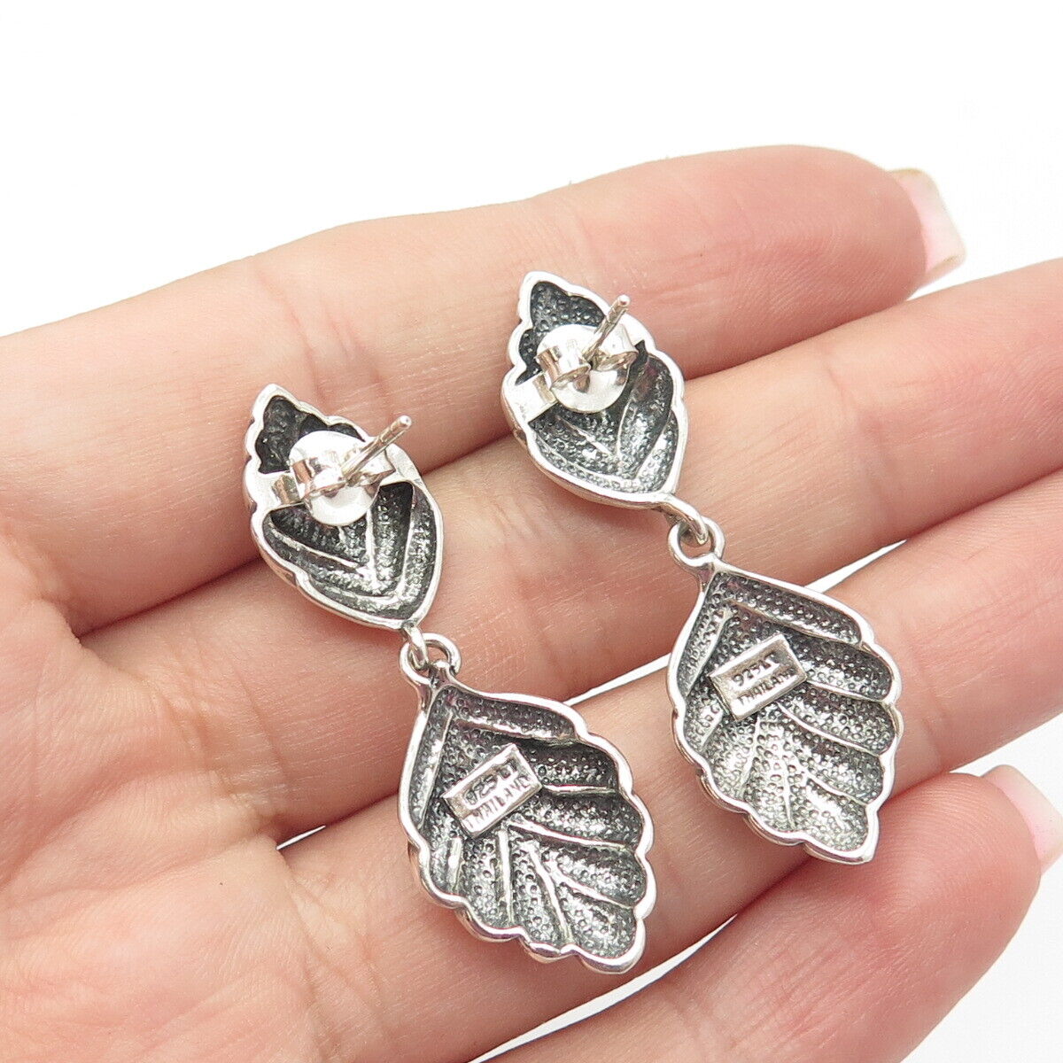 925 Sterling Silver Vintage Floral Leaf Dangling Drop Earrings