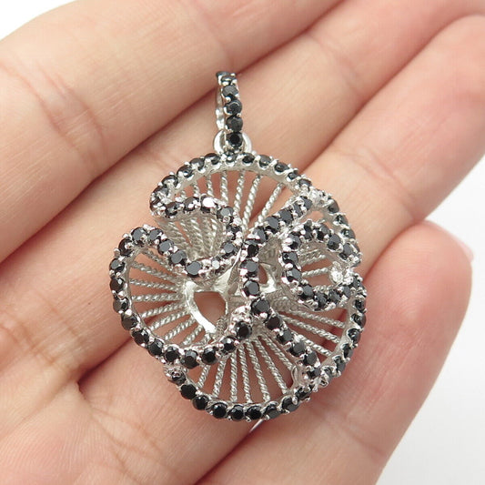 925 Sterling Silver Real Black Spinel Floral Pendant