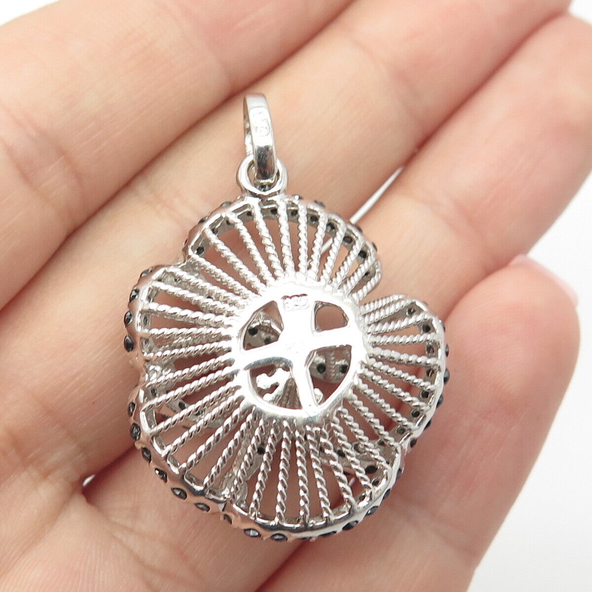 925 Sterling Silver Real Black Spinel Floral Pendant