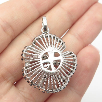 925 Sterling Silver Real Black Spinel Floral Pendant