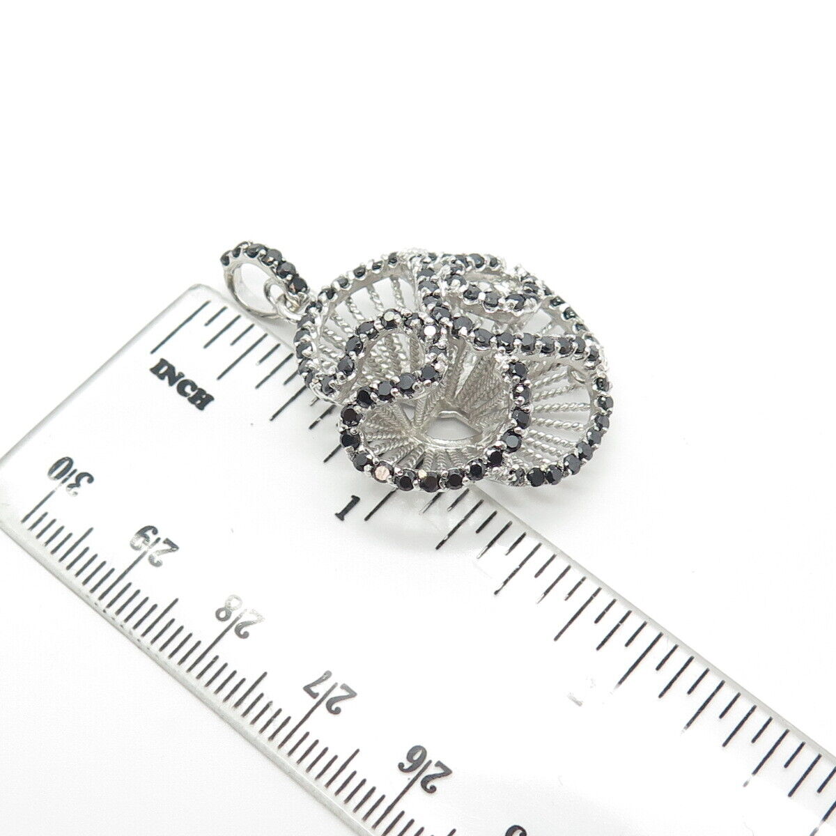 925 Sterling Silver Real Black Spinel Floral Pendant