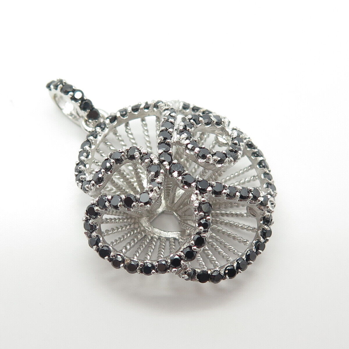 925 Sterling Silver Real Black Spinel Floral Pendant