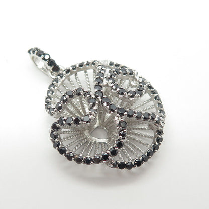 925 Sterling Silver Real Black Spinel Floral Pendant