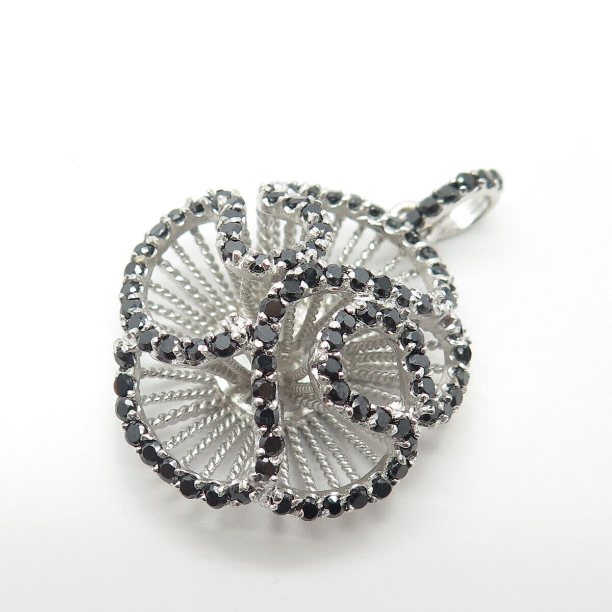 925 Sterling Silver Real Black Spinel Floral Pendant