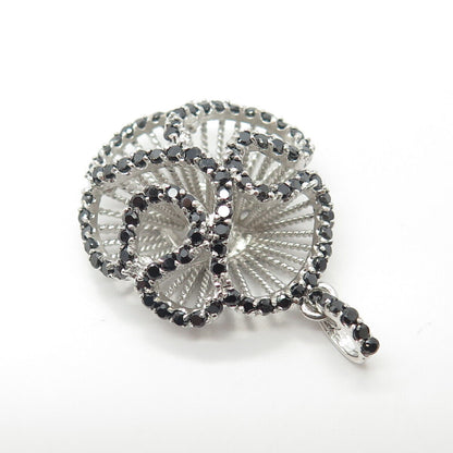 925 Sterling Silver Real Black Spinel Floral Pendant