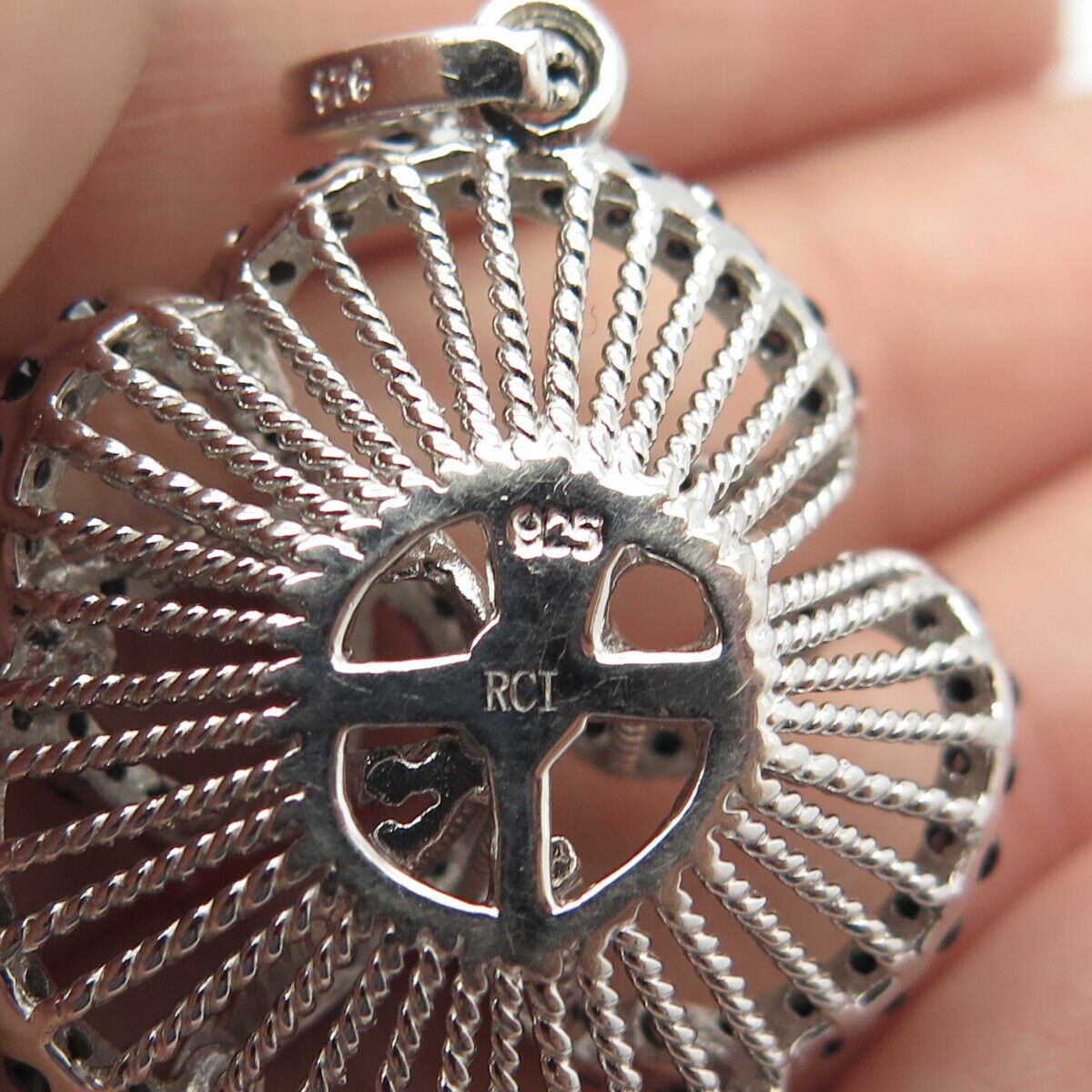 925 Sterling Silver Real Black Spinel Floral Pendant