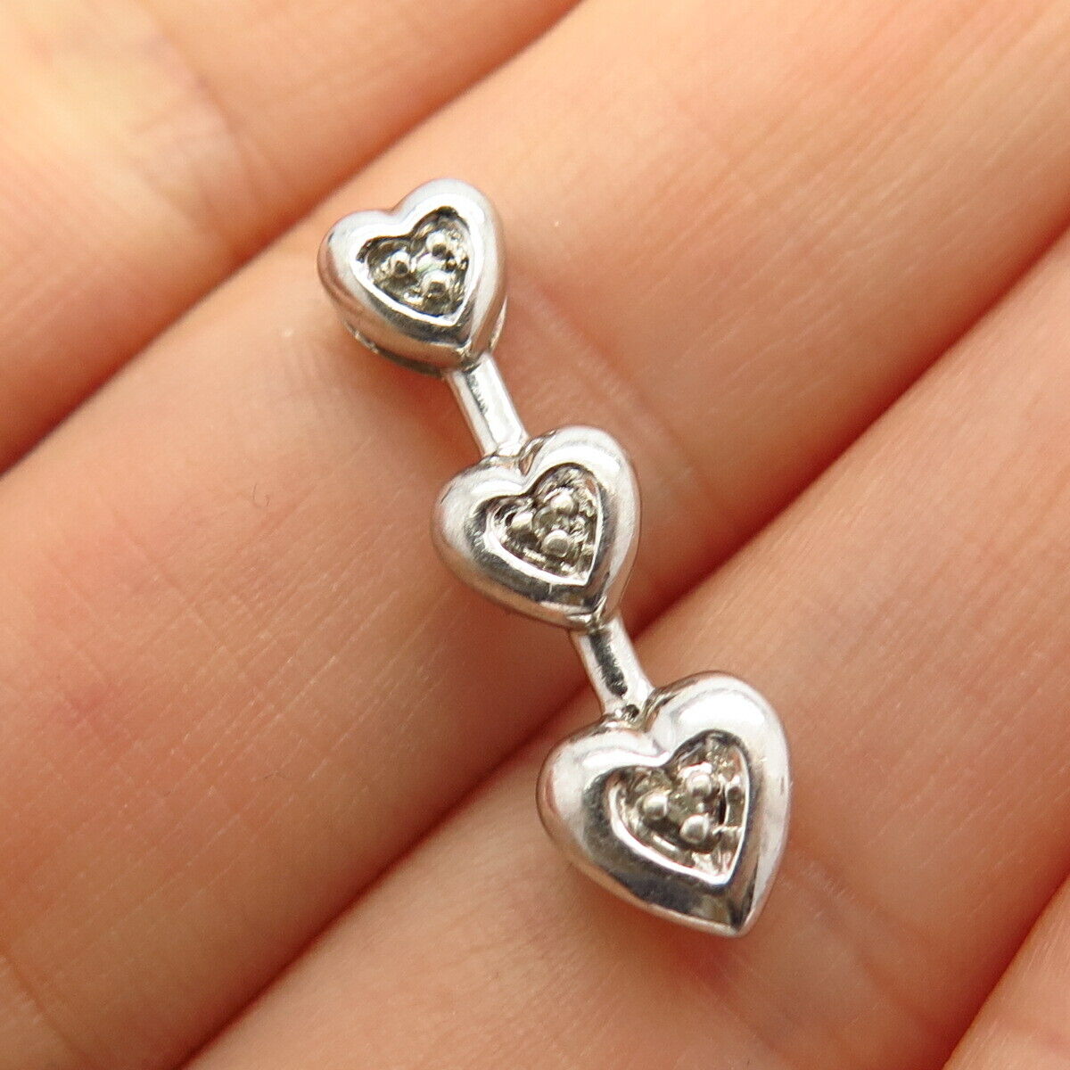 925 Sterling Silver Real Diamond Triple Heart Design Slide Pendant